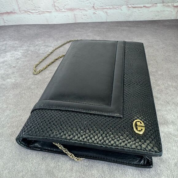 GUCCI Vintage Black Lambskin Leather Snakeskin Trim Flap Clutch / Shoulder Bag! - Picture 6 of 14